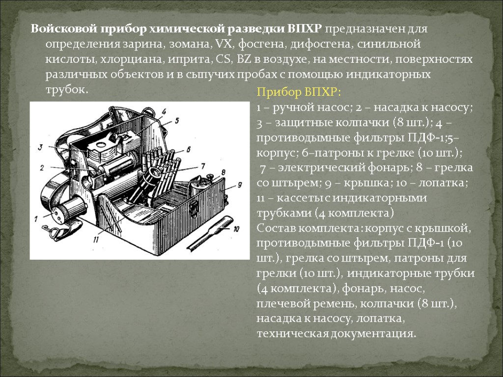 Войсковой прибор химической разведки ВПХР предназначен для определения зарина, зомана, VX, фосгена, дифосгена, синильной